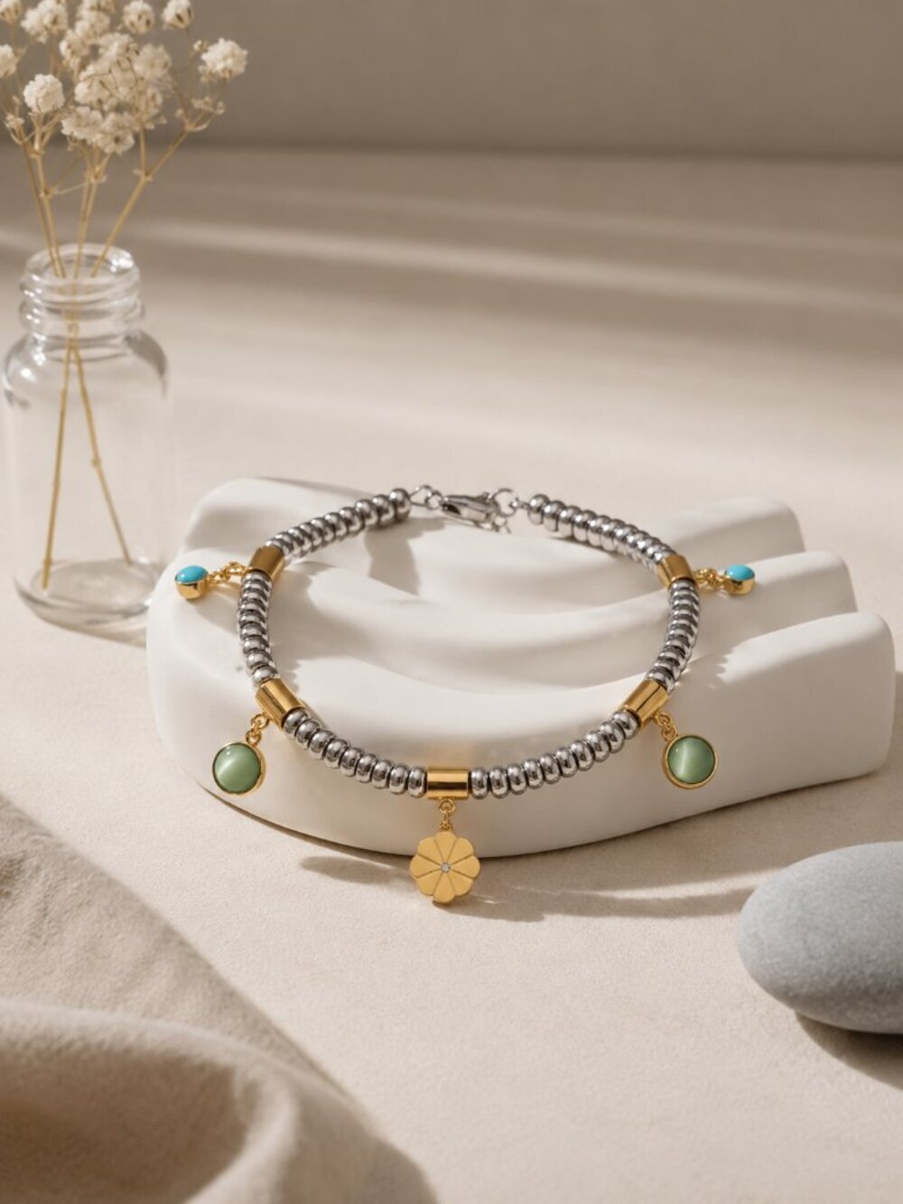 18k Gold Plated 316L SS Two Tone Beaded Charm Bracelet Flower CZ Green Adj 6.5-9